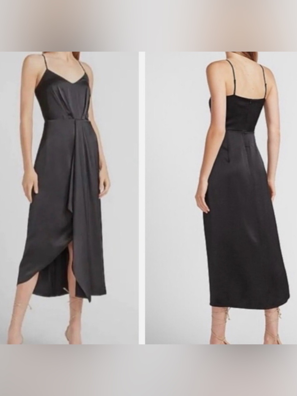 NWT Express Satin Black Slip Midi Dress with Front Drape
